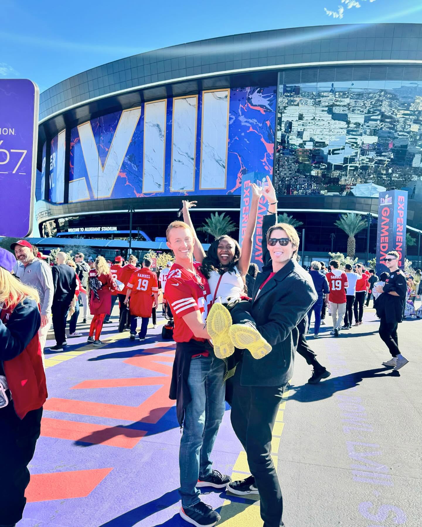 Jessica and companions outside Allegiant Stadium at Super Bowl LVIII in Las Vegas