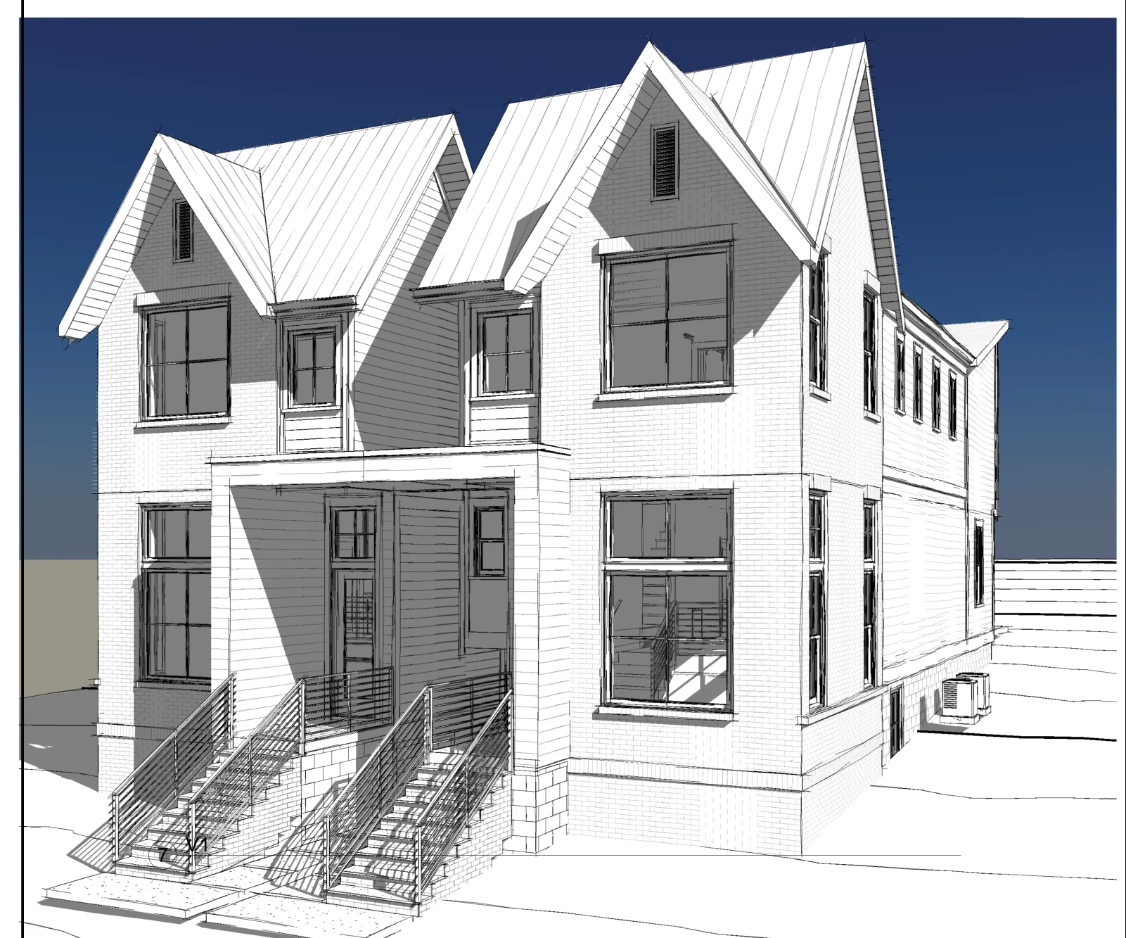 Architectural perspective of the two-home schematic proposal on a sloping infill site