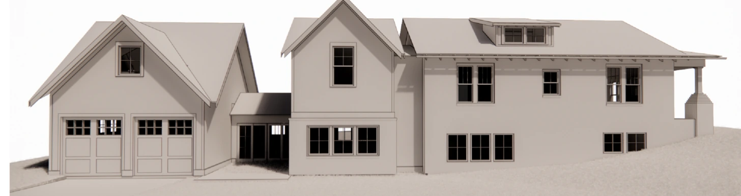 Revised architectural study with a garage, low connection and historic house