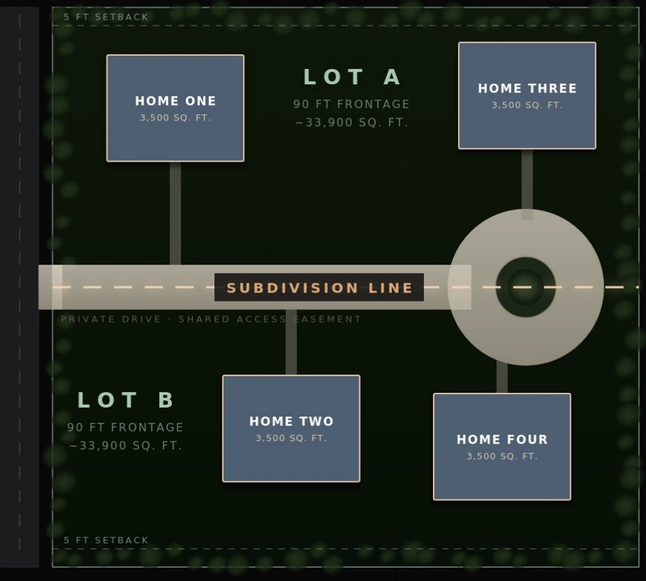 Original proposal illustration: four new homes staggered along a shared drive